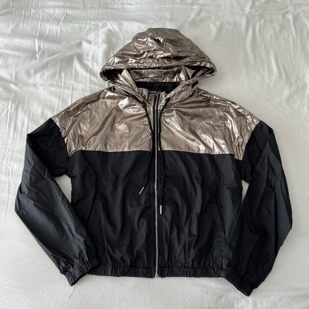 Black And Grey Metallic Detail Hooded Windbreaker Jacket